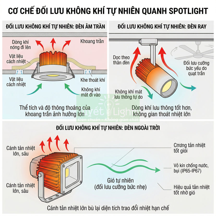 Sơ đồ cơ chế đối lưu không khí tự nhiên quanh đèn spotlight âm trần, đèn ray và đèn ngoài trời