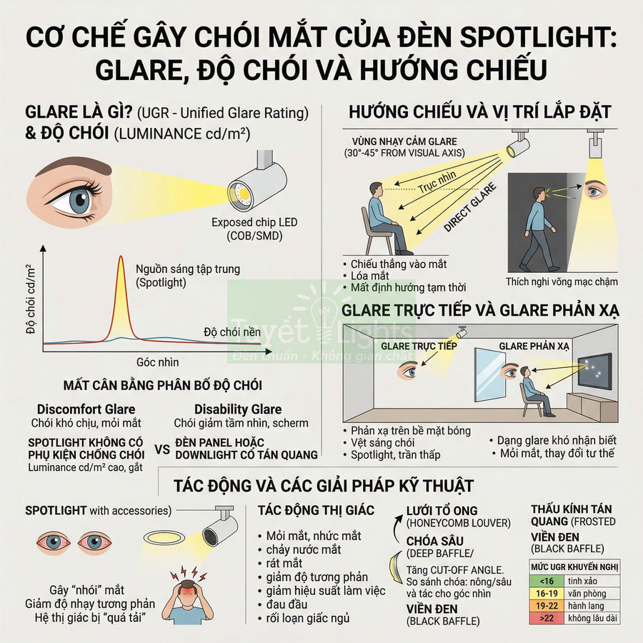 Infographic tiếng Việt giải thích cơ chế gây chói mắt, độ chói và hướng chiếu của đèn spotlight LED