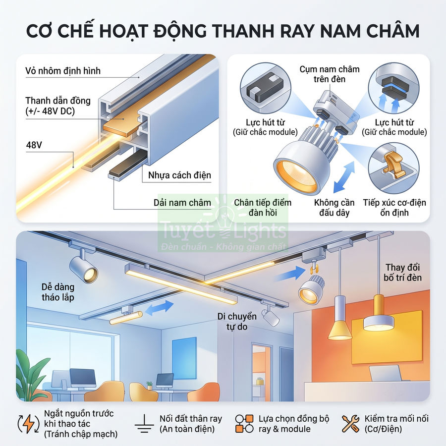 Cơ chế hoạt động thanh ray nam châm cho đèn chiếu sáng, dễ lắp đặt và thay đổi vị trí đèn trong không gian nội thất