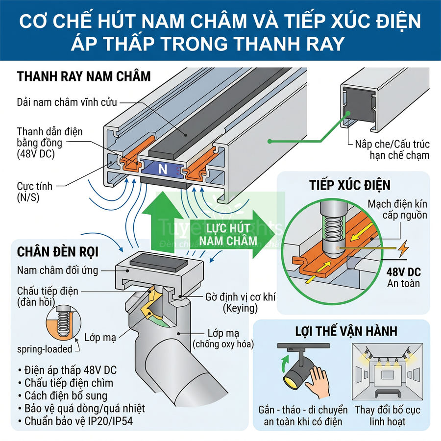 Cơ chế hút nam châm và tiếp xúc điện áp thấp trong thanh ray đèn rọi ray 48V DC