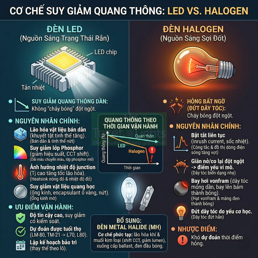 So sánh cơ chế suy giảm quang thông của đèn LED và đèn halogen bằng hình minh họa chi tiết