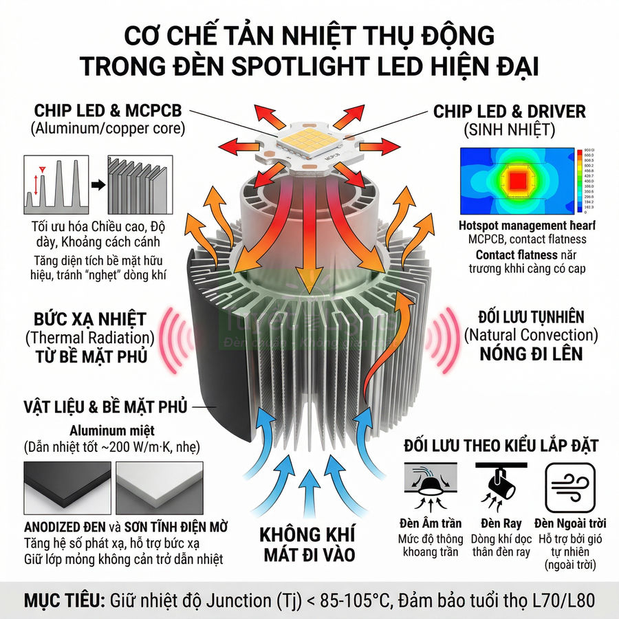 Cơ chế tản nhiệt thụ động cho đèn spotlight LED hiện đại với chip LED và khối nhôm tản nhiệt