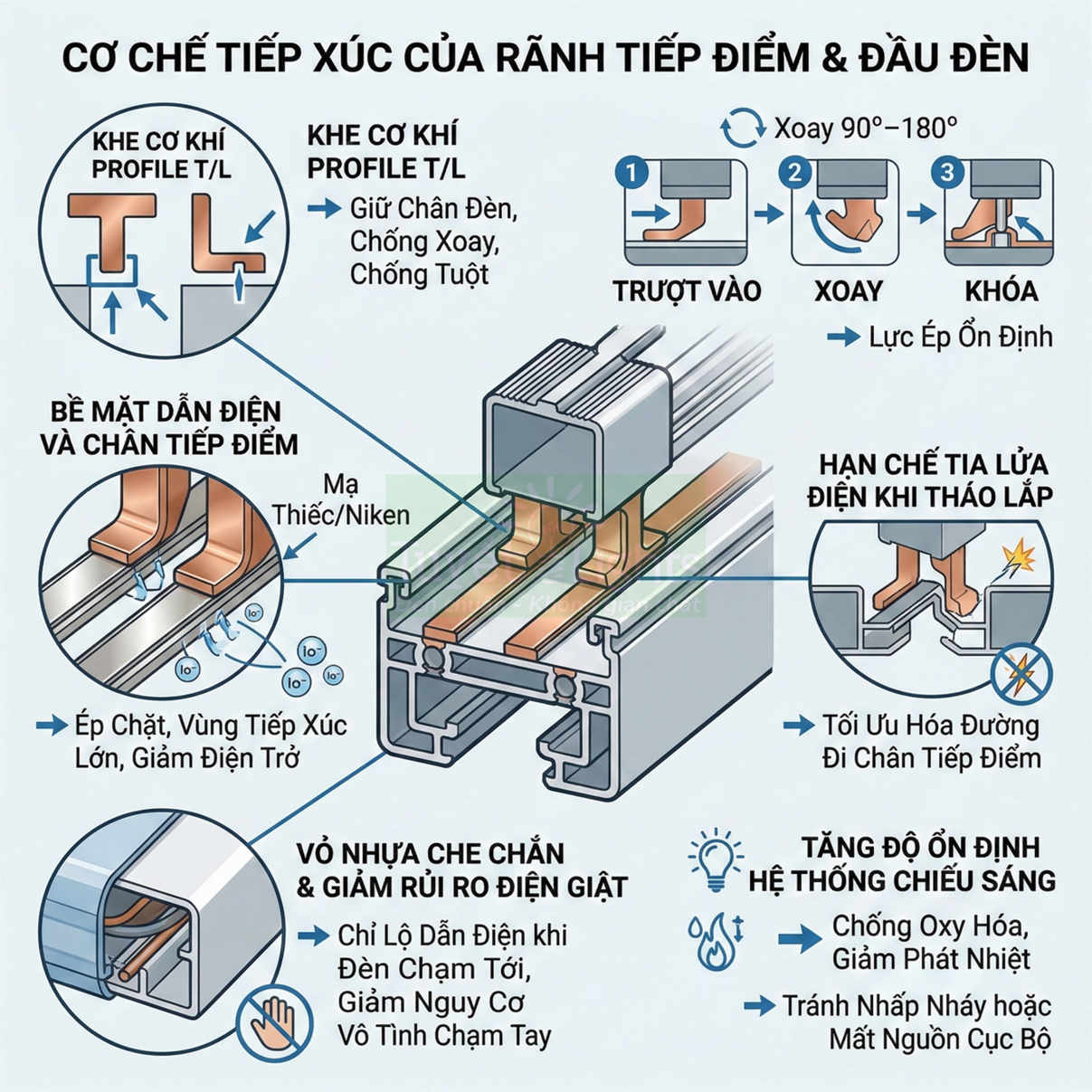 Cơ chế tiếp xúc rãnh tiếp điểm và đầu đèn ray điện, cấu tạo chân tiếp điểm và vỏ nhựa chống giật