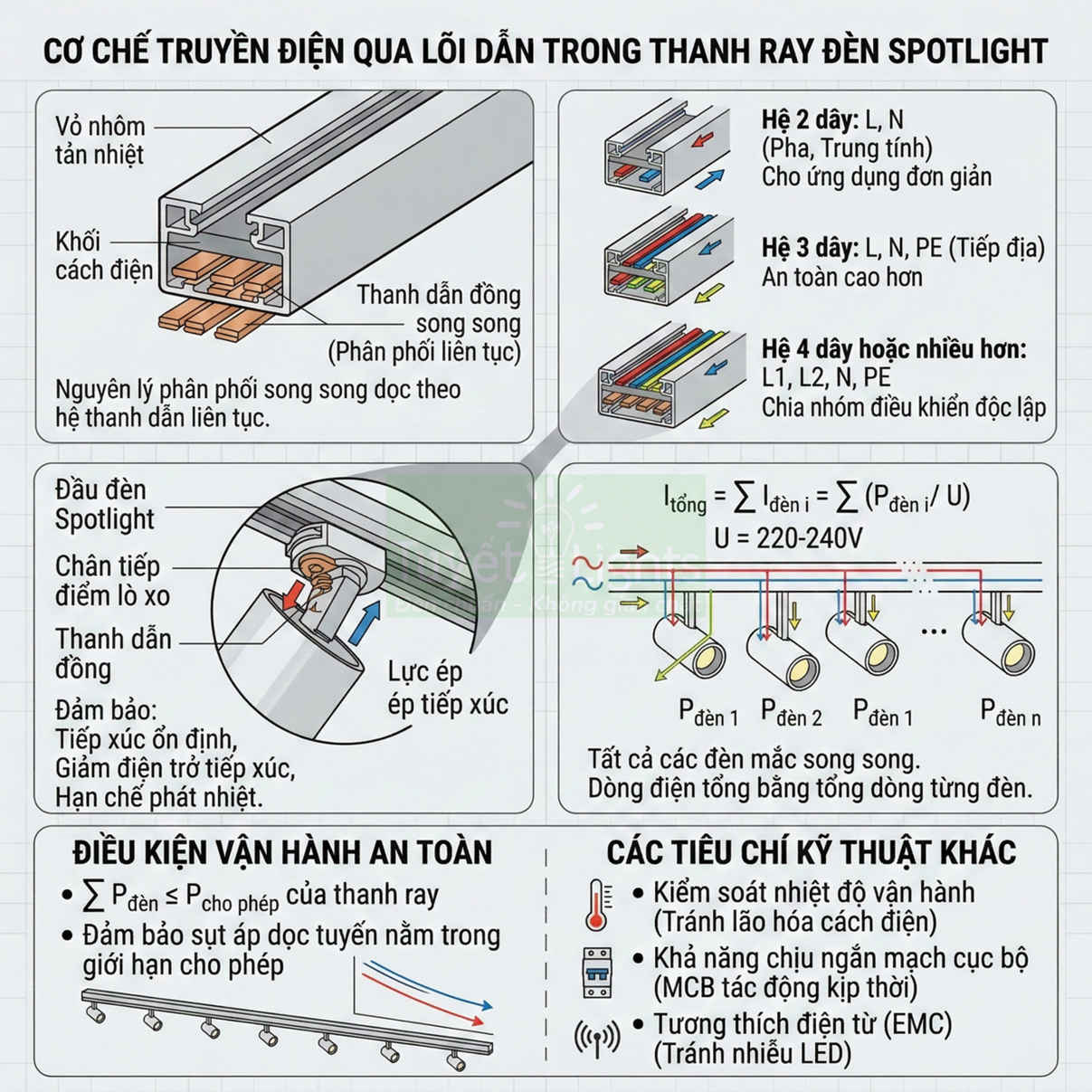 Cơ chế truyền điện trong thanh ray đèn spotlight với thanh dẫn đồng và đầu đèn gắn trên ray