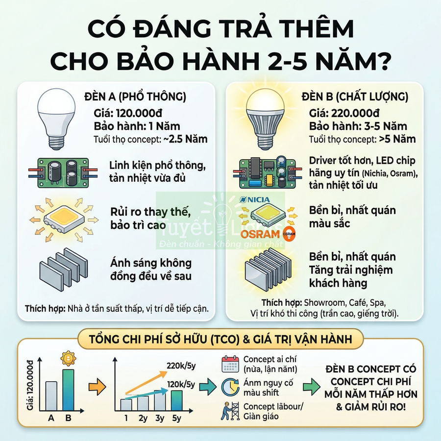 So sánh bóng đèn LED phổ thông và bóng đèn LED chất lượng cao về giá, bảo hành và chi phí sở hữu