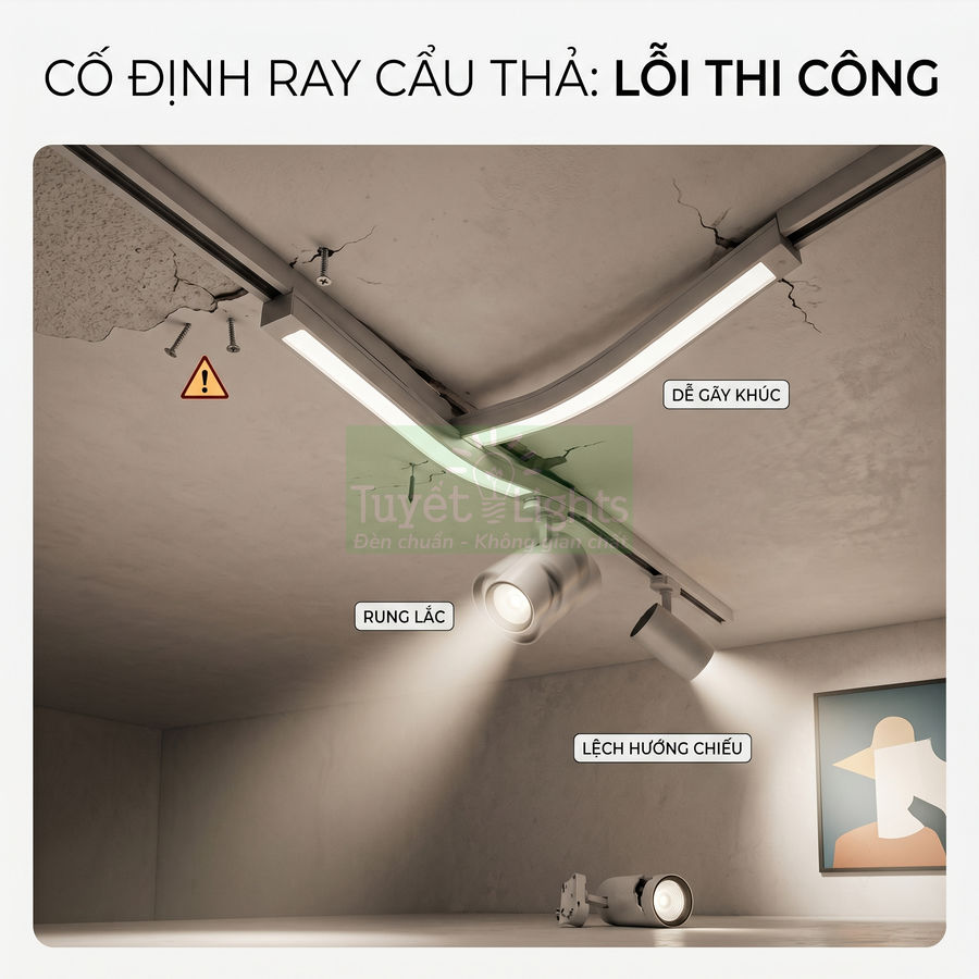 Đèn ray chiếu sáng trần nhà lắp sai kỹ thuật gây rung lắc, dễ gãy khúc và lệch hướng chiếu