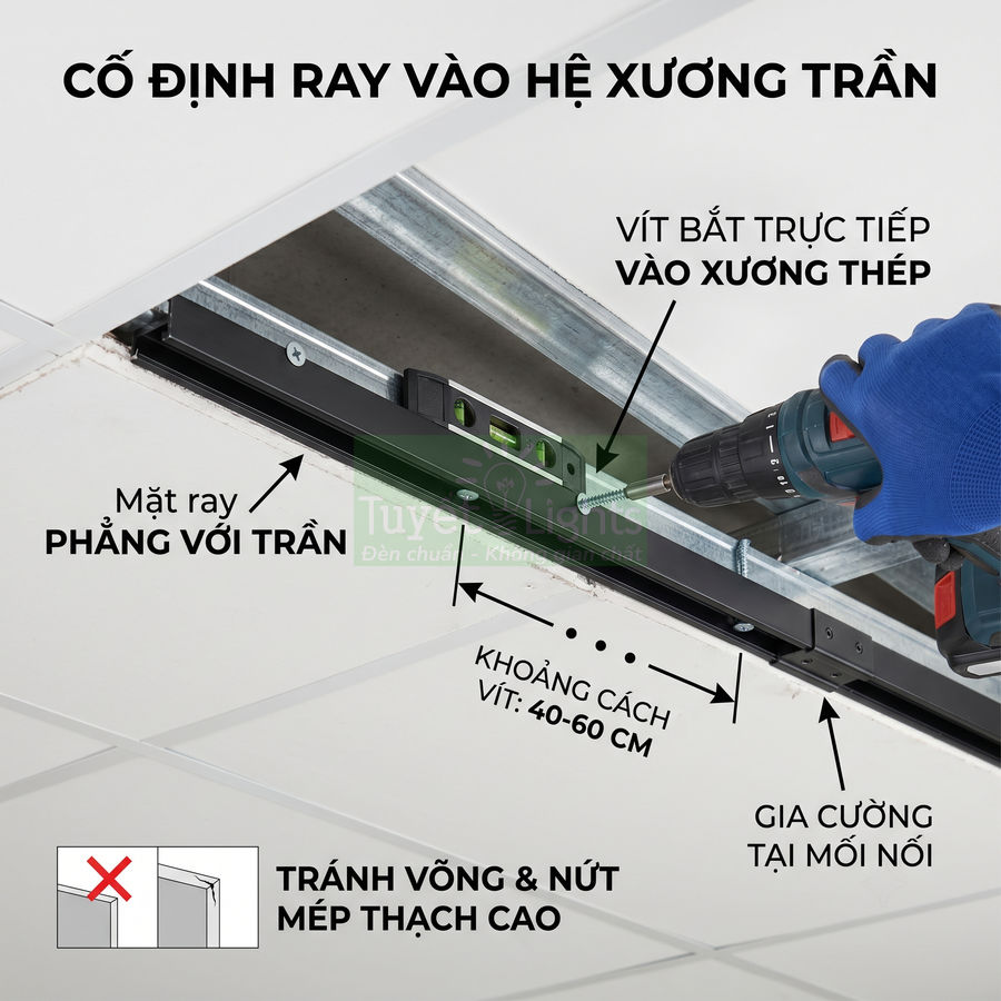 Hướng dẫn cố định ray đèn vào hệ xương trần thạch cao bằng khoan và vít bắt vào xương thép
