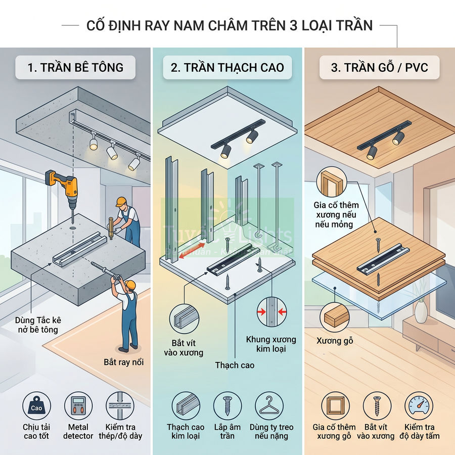 Hướng dẫn lắp ray nam châm đèn rọi trên trần bê tông, trần thạch cao và trần gỗ PVC