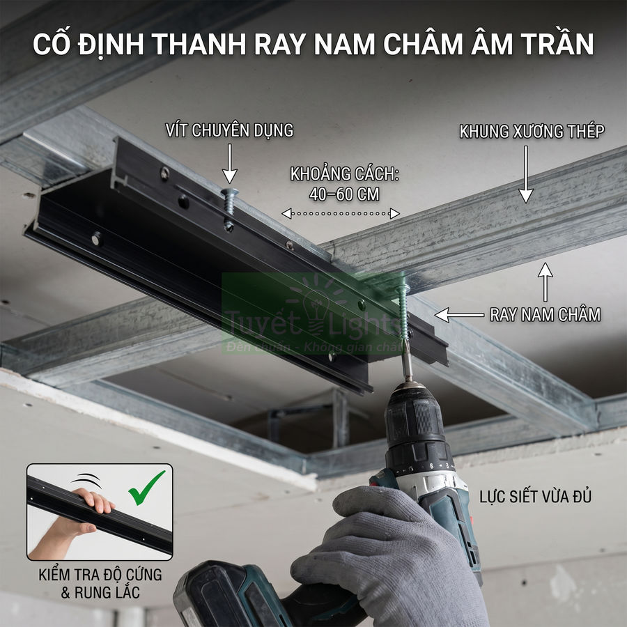 Lắp đặt thanh ray nam châm âm trần trên khung xương thép bằng vít chuyên dụng và máy khoan
