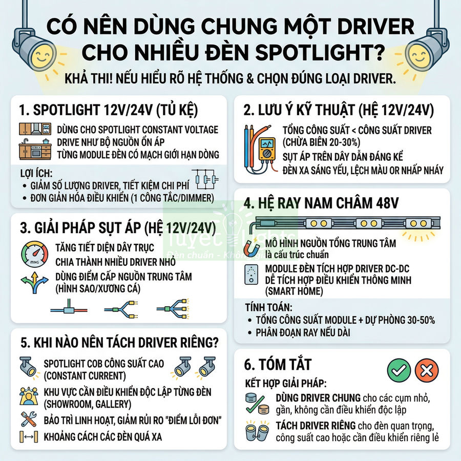 Infographic hướng dẫn dùng chung driver cho nhiều đèn spotlight, nêu giải pháp spotlight 12V 24V và hệ ray nam châm 48V