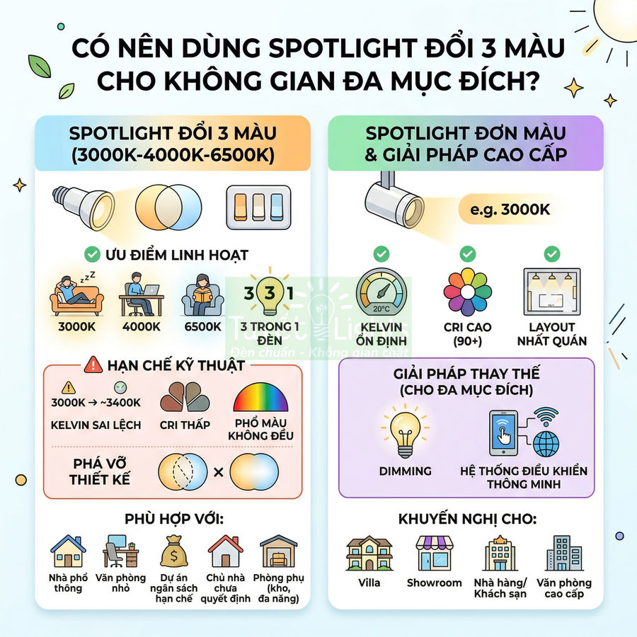 Infographic so sánh spotlight đổi 3 màu và spotlight đơn màu, nêu ưu nhược điểm và gợi ý ứng dụng cho từng loại