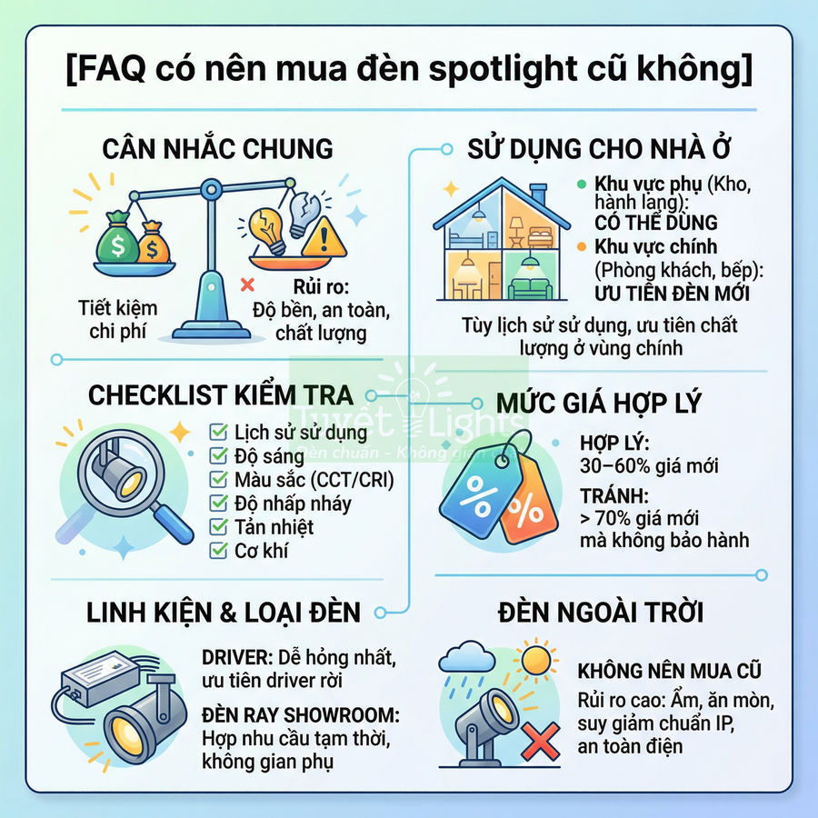 Infographic hướng dẫn có nên mua đèn spotlight cũ, nêu ưu nhược điểm, checklist kiểm tra và lưu ý giá, linh kiện, ứng dụng