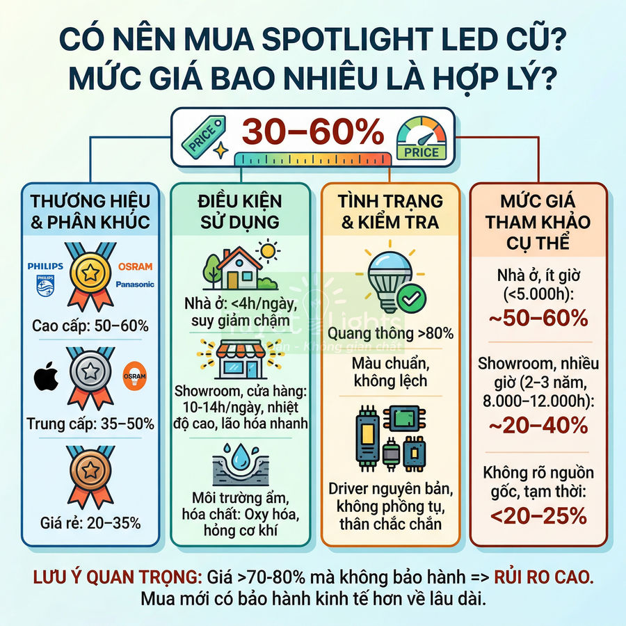 Infographic tư vấn mức giá hợp lý khi mua spotlight LED cũ theo thương hiệu, điều kiện sử dụng và tình trạng đèn
