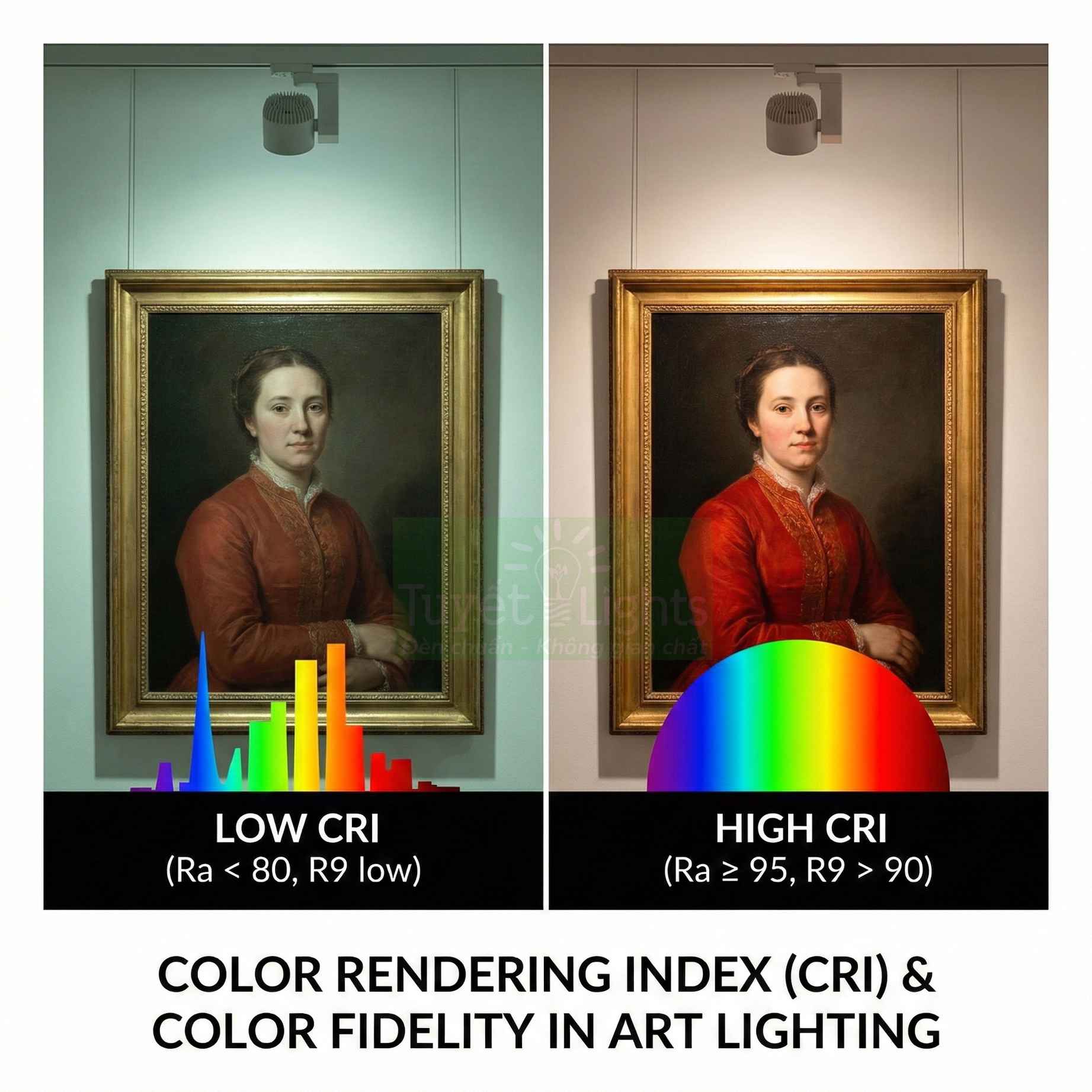 So sánh tranh chân dung dưới ánh sáng CRI thấp và CRI cao cho thấy sự khác biệt độ trung thực màu sắc