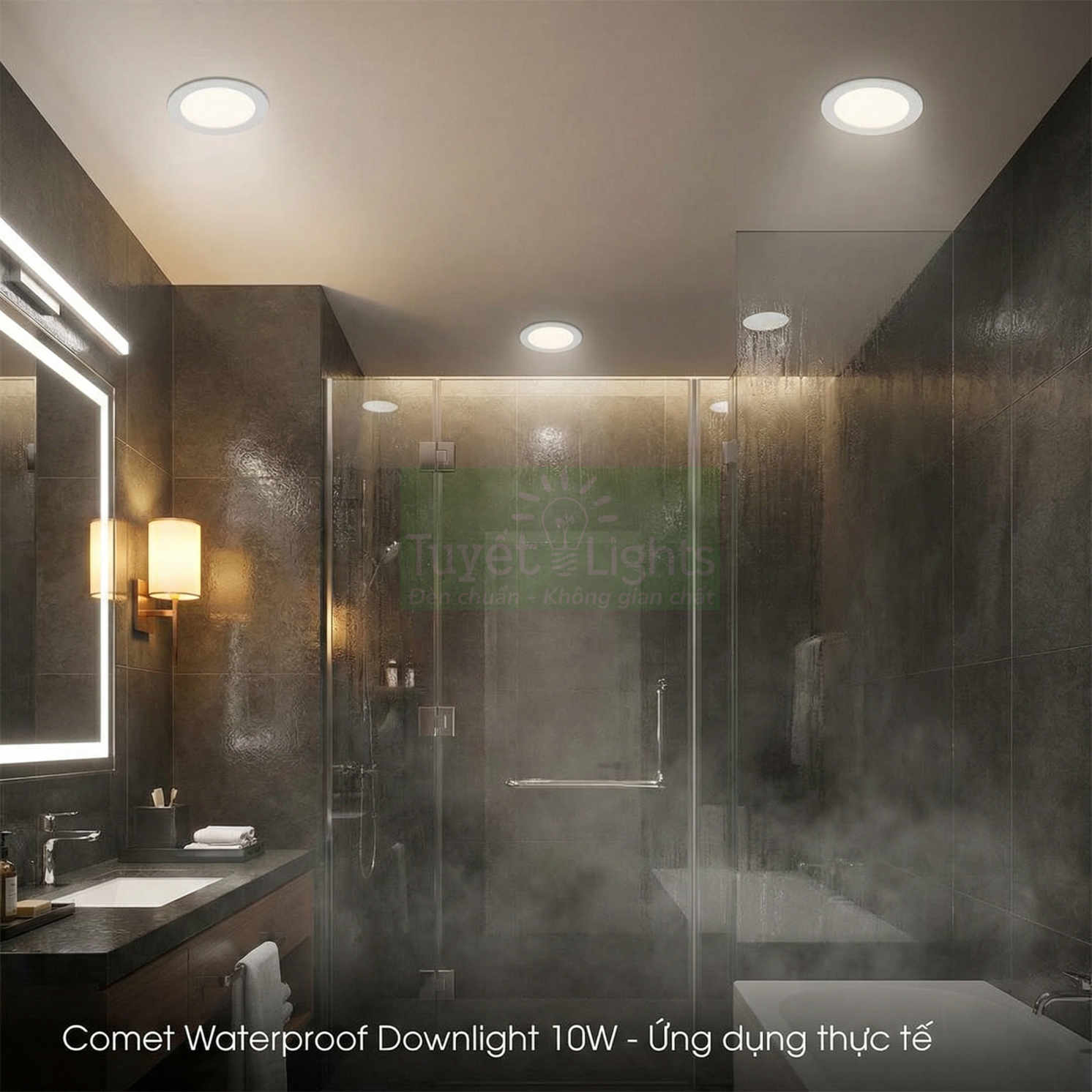 Đèn âm trần chống nước Comet 10W lắp trong phòng tắm kính hiện đại, ánh sáng trắng dịu