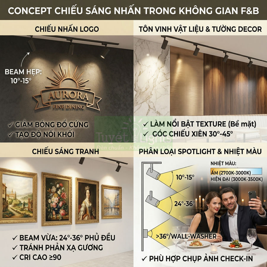 Đèn rọi ray spotlight chiếu sáng nhấn logo, tường decor và tranh trong không gian nhà hàng F&B cao cấp
