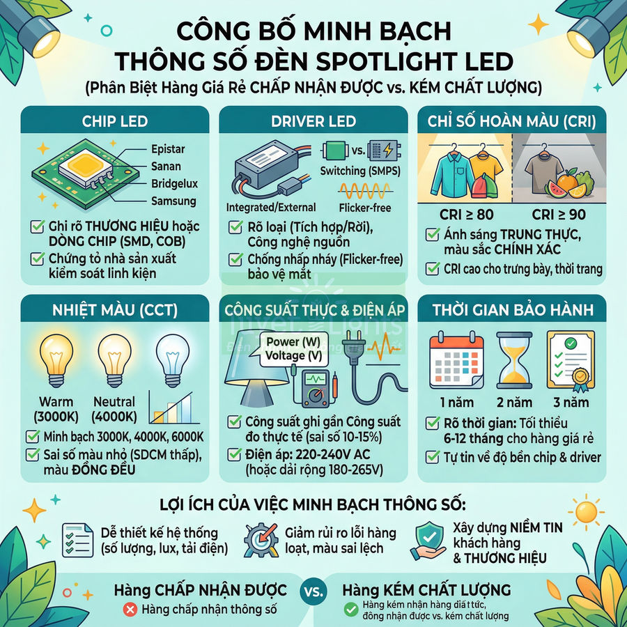 Infographic hướng dẫn công bố minh bạch thông số đèn spotlight LED, chip LED, driver, CRI, nhiệt màu và bảo hành