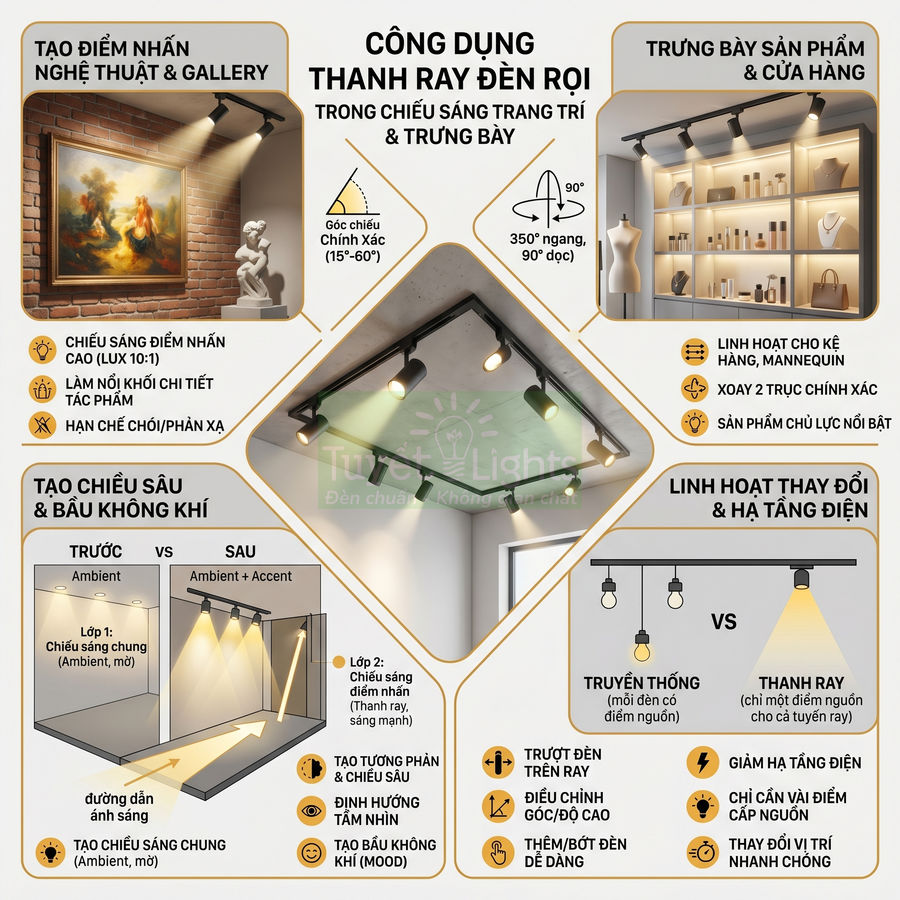Thanh ray đèn rọi chiếu sáng trang trí và trưng bày sản phẩm trong nhà, tạo điểm nhấn cho tranh, tượng và kệ hàng
