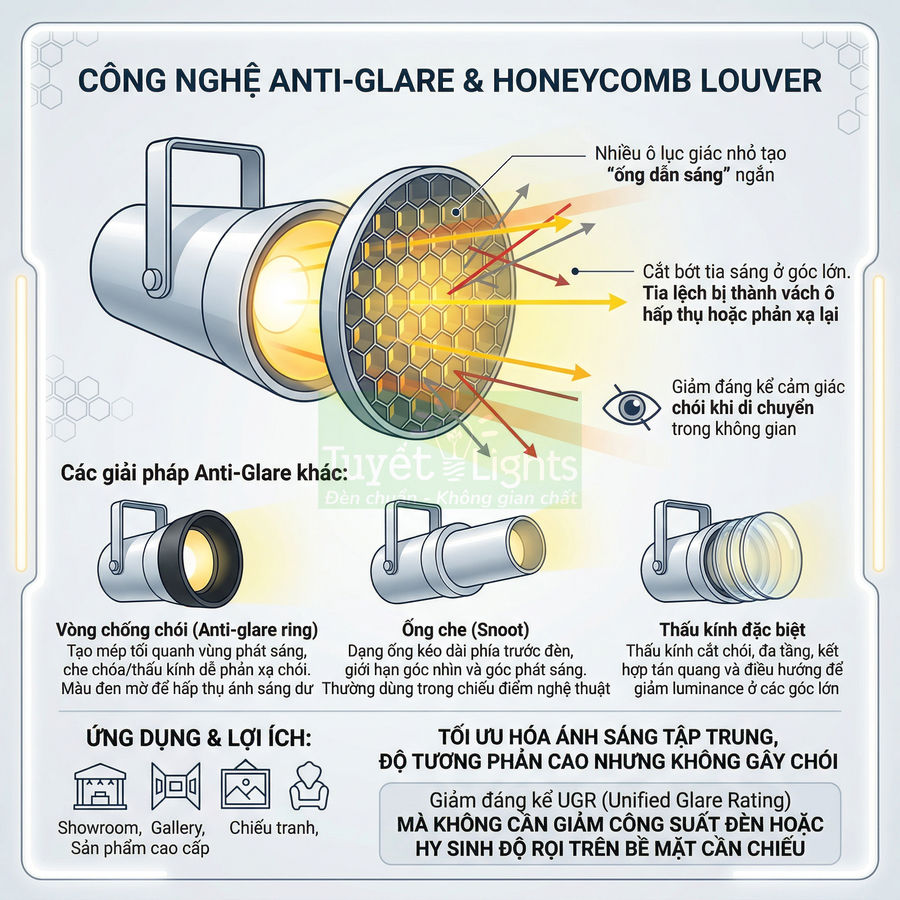 Đèn chiếu điểm Tuyết Lights công nghệ anti glare honeycomb louver giảm chói cho showroom và không gian cao cấp