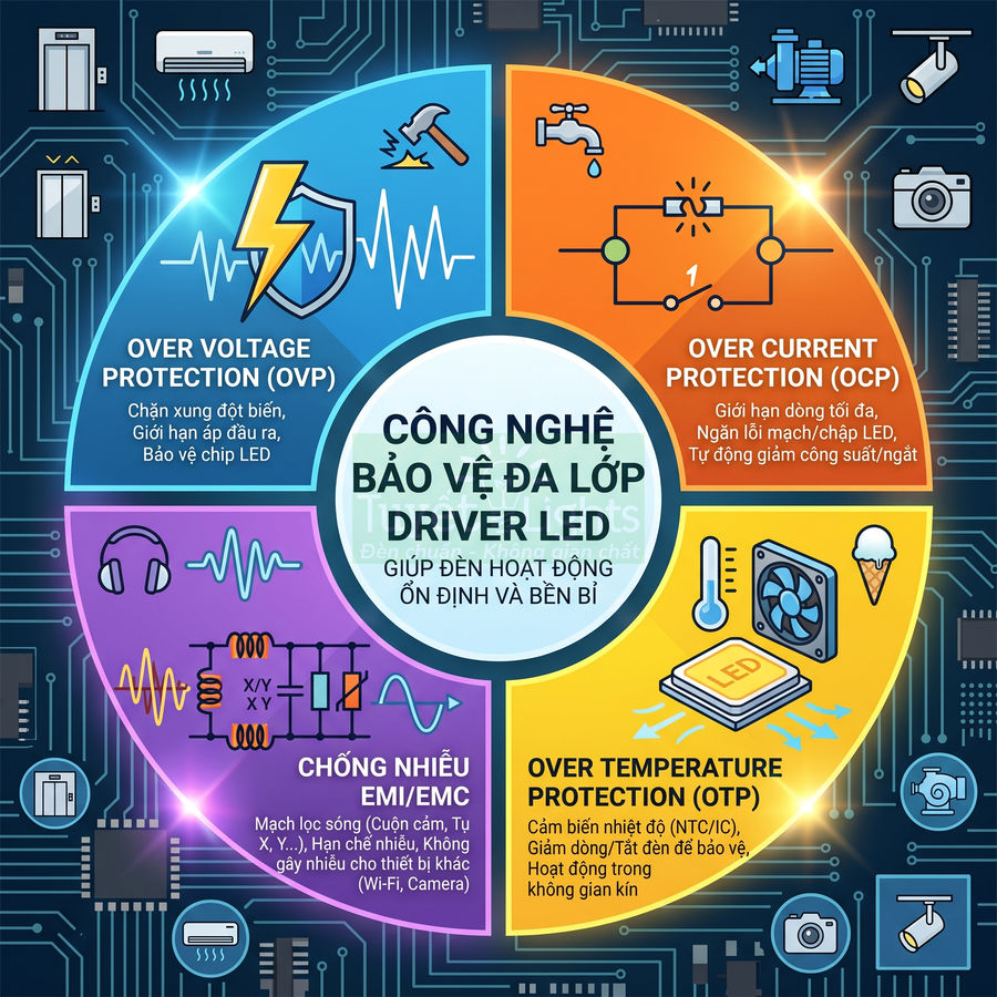 Công nghệ bảo vệ đa lớp cho driver đèn LED với các tính năng OVP OCP OTP và chống nhiễu EMI EMC