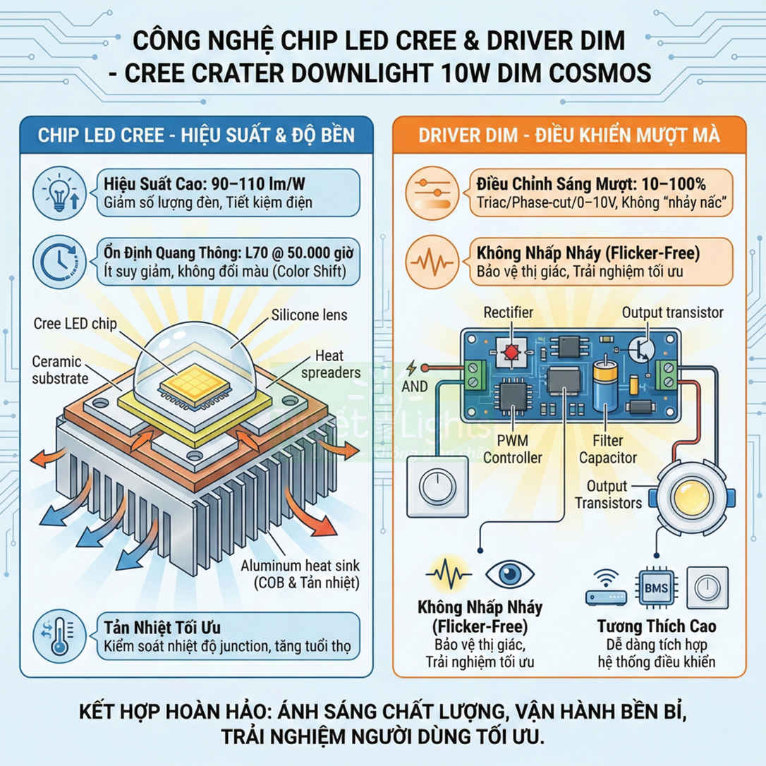 Infographic công nghệ chip LED Cree và driver dim cho đèn âm trần Cree Crater Downlight 10W DIM Cosmos