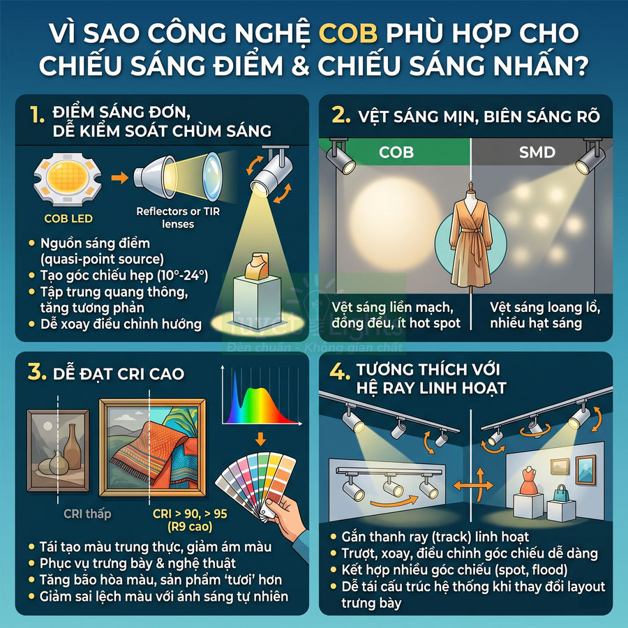 Infographic giới thiệu ưu điểm đèn LED COB cho chiếu sáng điểm và chiếu sáng nhấn trong không gian trưng bày