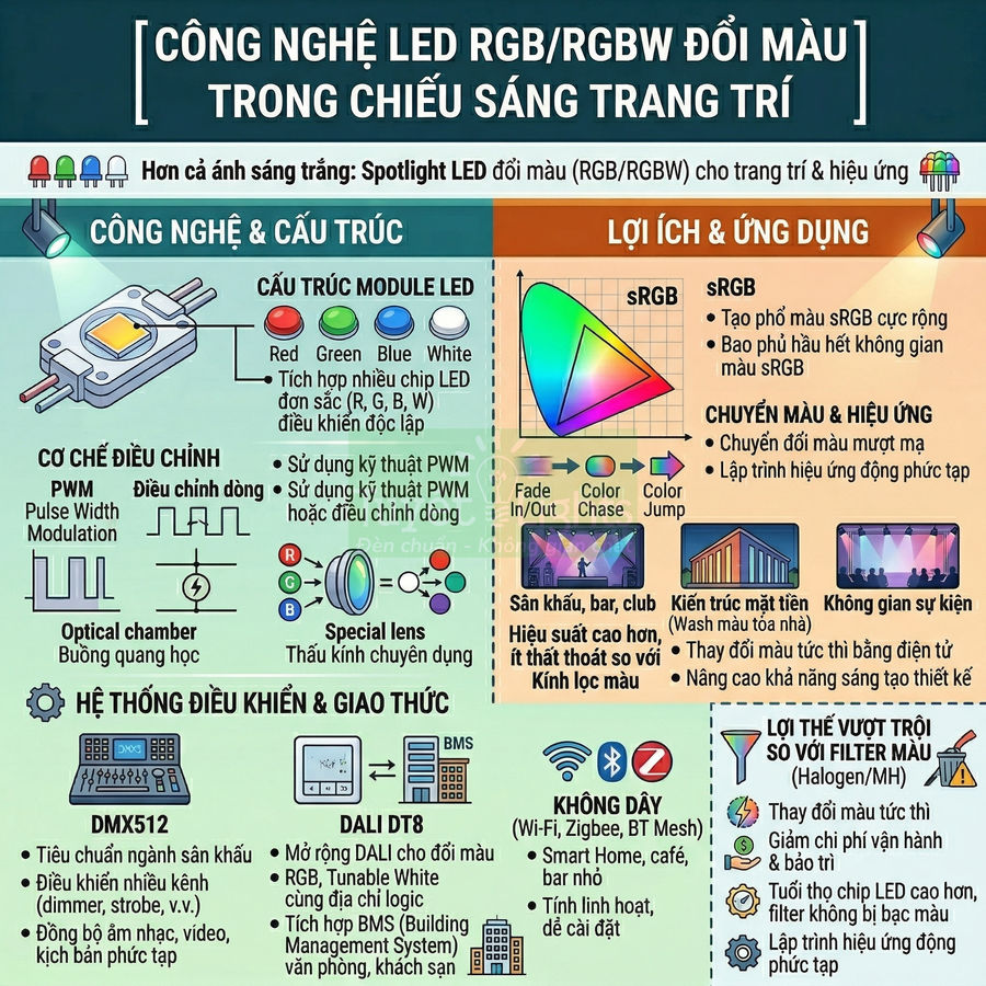 Infographic công nghệ đèn LED RGB RGBW đổi màu cho chiếu sáng trang trí, cấu trúc module, điều khiển và ứng dụng