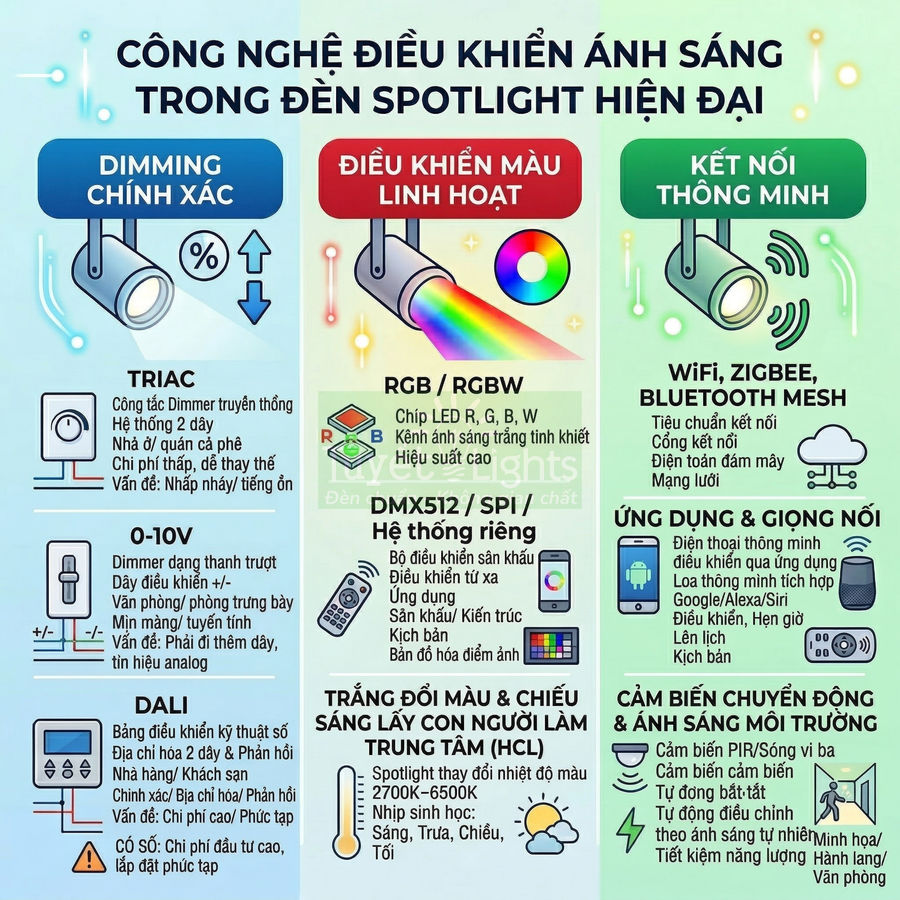 Công nghệ điều khiển ánh sáng cho đèn spotlight hiện đại với dimming, đổi màu RGB và kết nối thông minh WiFi Zigbee