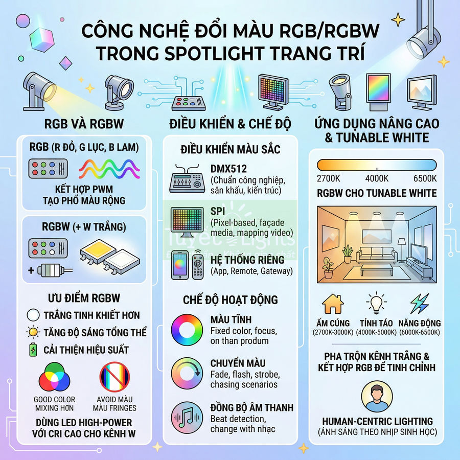 Công nghệ đổi màu RGB RGBW cho đèn spotlight trang trí, điều khiển màu linh hoạt và chiếu sáng tunable white