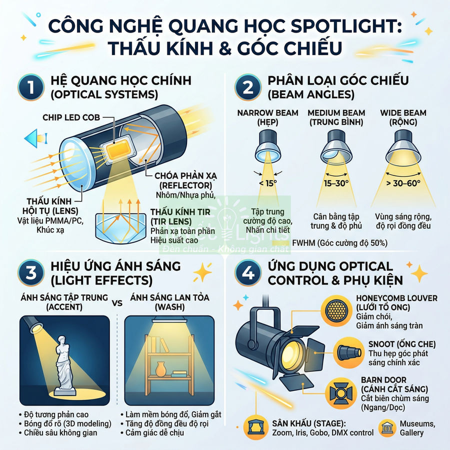 Infographic công nghệ quang học đèn spotlight, thấu kính, góc chiếu và ứng dụng điều khiển ánh sáng