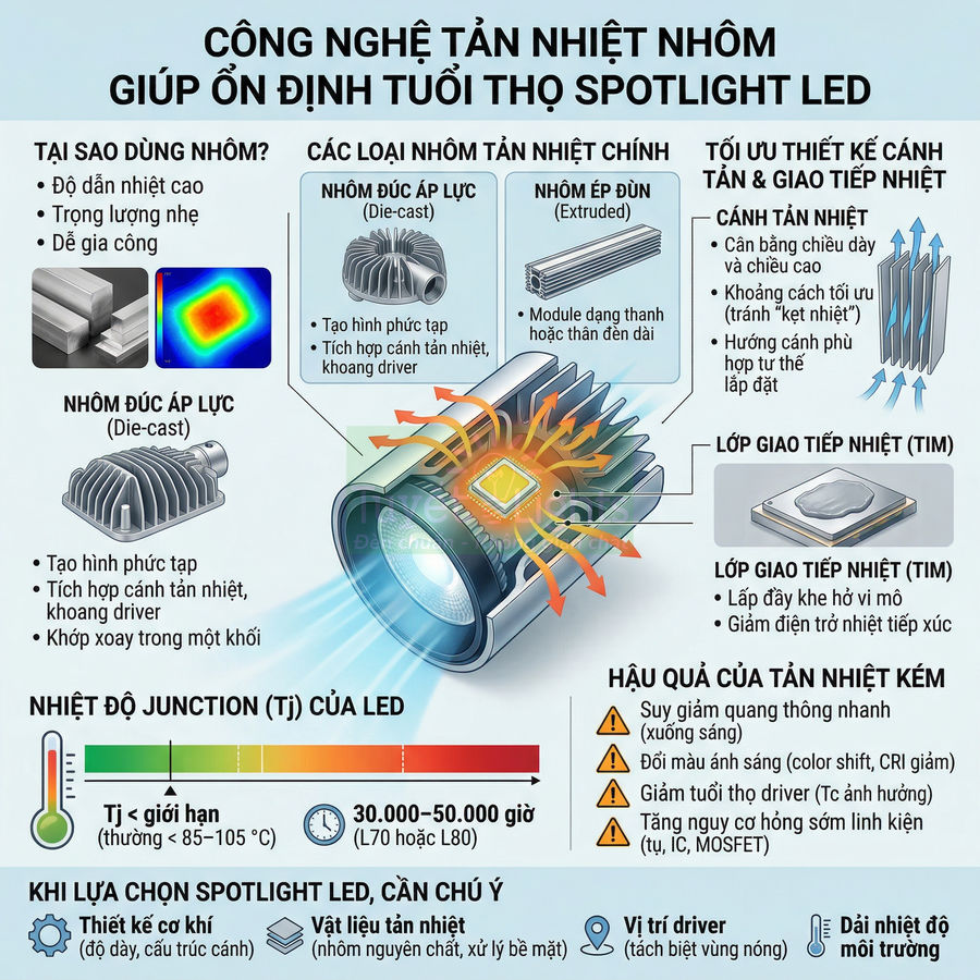 Công nghệ tản nhiệt nhôm cho đèn spotlight LED giúp ổn định nhiệt độ và kéo dài tuổi thọ chiếu sáng
