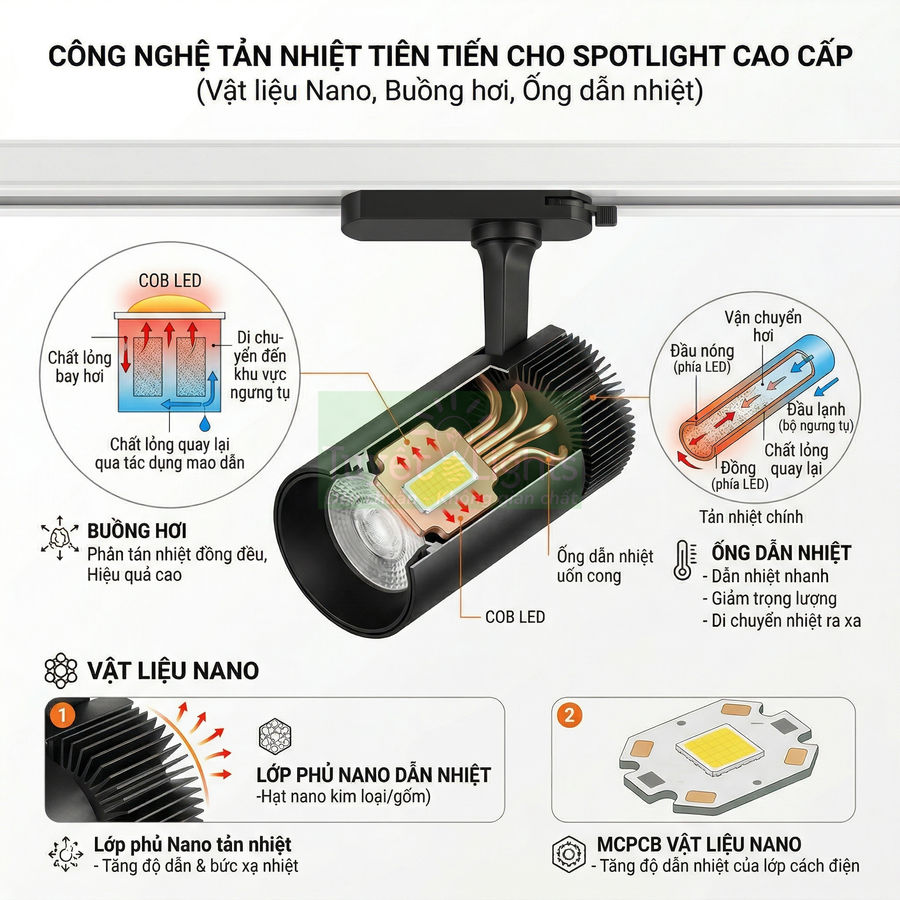 Đèn spotlight COB LED cao cấp với công nghệ tản nhiệt nano, buồng hơi và ống dẫn nhiệt tiên tiến