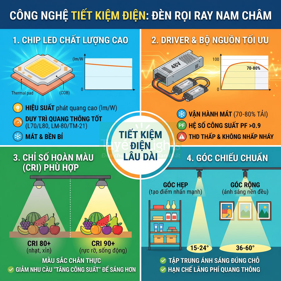 Đèn rọi ray nam châm tiết kiệm điện với chip LED cao cấp, driver tối ưu, CRI cao và góc chiếu linh hoạt