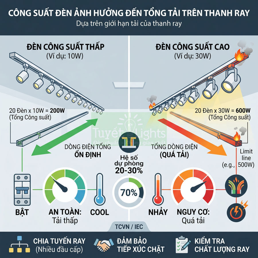 So sánh đèn ray công suất thấp và cao, minh họa nguy cơ quá tải và cháy nổ trên thanh ray chiếu sáng