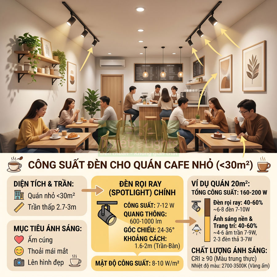Không gian quán cafe nhỏ ấm cúng với hệ thống đèn rọi ray spotlight chiếu sáng bàn ghế và quầy bar