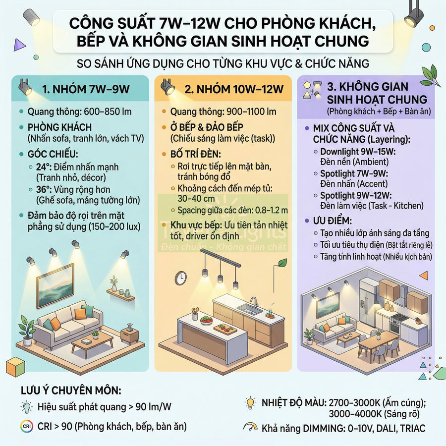 Hướng dẫn chọn công suất đèn LED 7W–12W cho phòng khách, bếp và không gian sinh hoạt chung