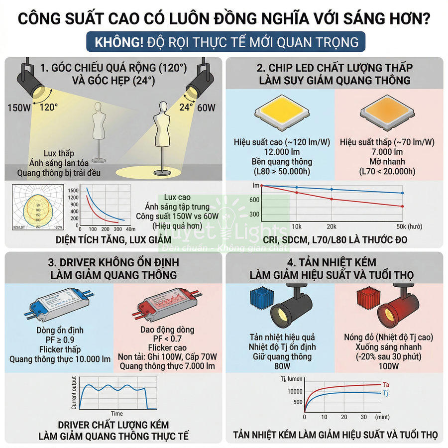 Infographic so sánh công suất và độ rọi thực tế của đèn LED, giải thích các yếu tố ảnh hưởng độ sáng