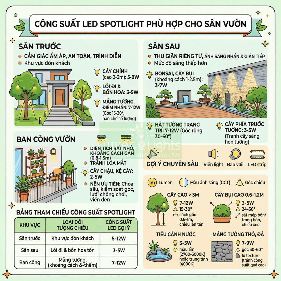 Hướng dẫn chọn công suất đèn LED spotlight cho sân vườn, sân trước, sân sau và ban công nhà ở