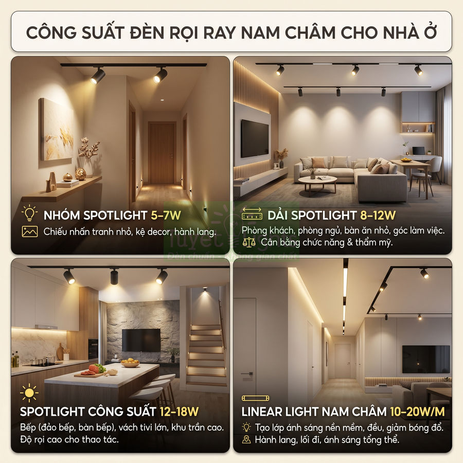 Đèn rọi ray nam châm cho nhà ở với các loại spotlight và linear light chiếu sáng phòng khách, bếp, hành lang