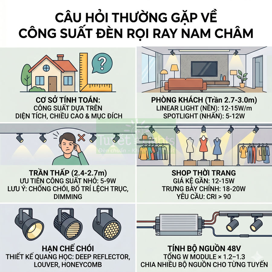 Infographic hướng dẫn chọn công suất đèn rọi ray nam châm cho phòng khách, trần thấp và shop thời trang