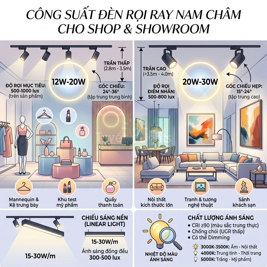Infographic hướng dẫn chọn công suất đèn rọi ray nam châm cho shop thời trang và showroom nội thất