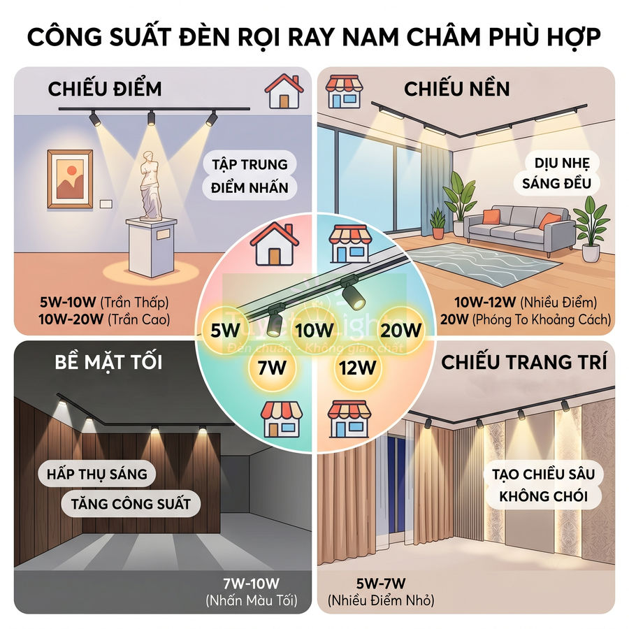 Hướng dẫn chọn công suất đèn rọi ray nam châm cho chiếu điểm, chiếu nền, bề mặt tối và chiếu trang trí trong nhà