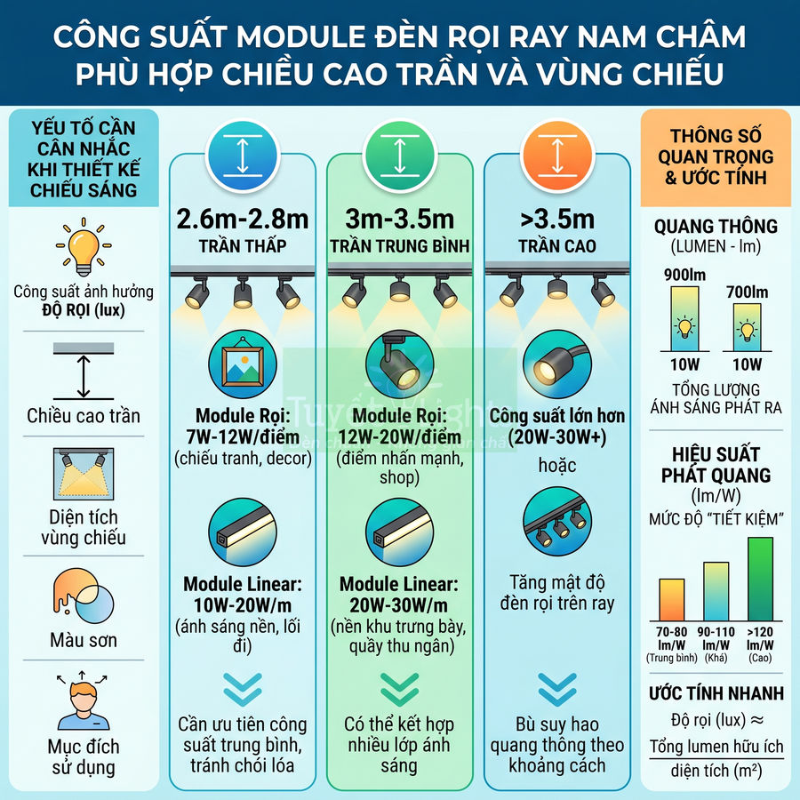 Bảng hướng dẫn chọn công suất đèn rọi ray nam châm theo chiều cao trần và vùng chiếu sáng