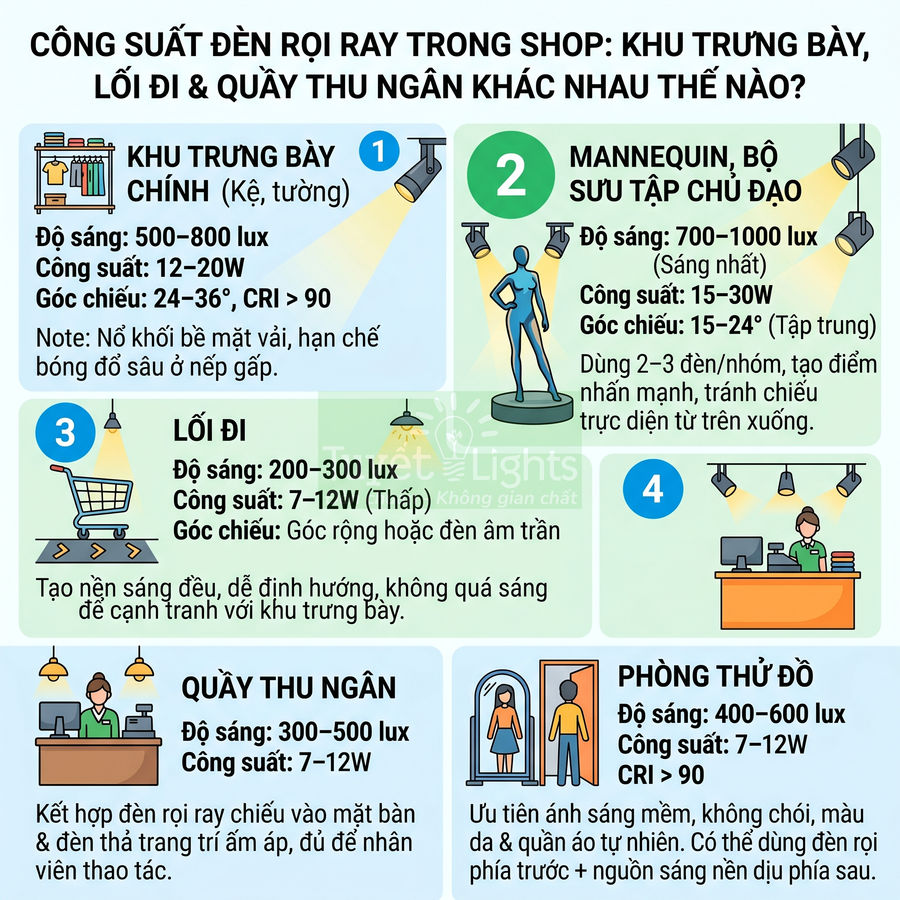 Infographic hướng dẫn chọn công suất đèn rọi ray cho shop thời trang: khu trưng bày, mannequin, lối đi, quầy thu ngân, phòng thử đồ