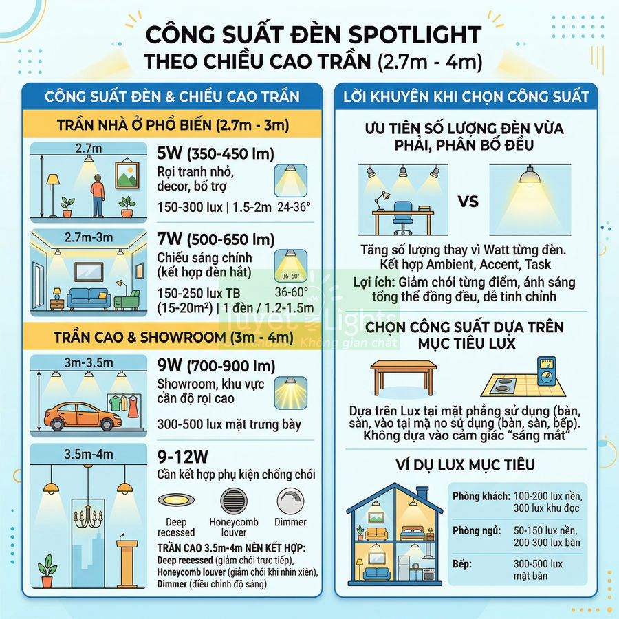 Bảng hướng dẫn chọn công suất đèn spotlight theo chiều cao trần và mục tiêu độ sáng cho nhà ở, showroom