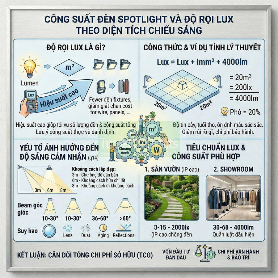 Infographic hướng dẫn chọn công suất đèn spotlight theo độ rọi lux và diện tích chiếu sáng