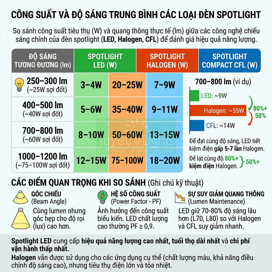 Bảng so sánh công suất và độ sáng đèn spotlight LED, halogen, compact CFL và ưu điểm tiết kiệm điện