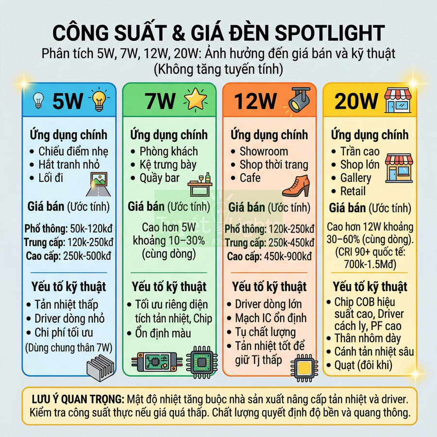Bảng so sánh công suất, giá bán và ứng dụng của các loại đèn spotlight 5W 7W 12W 20W