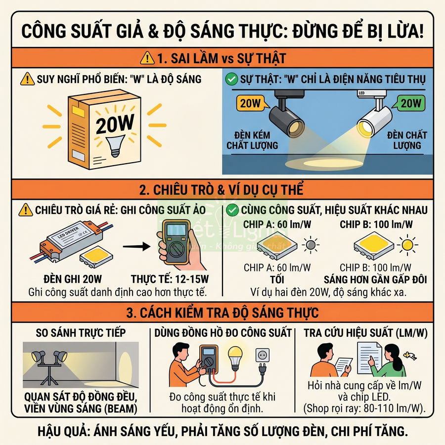 Infographic hướng dẫn phân biệt công suất giả và độ sáng thực của đèn LED, cách kiểm tra hiệu suất chiếu sáng