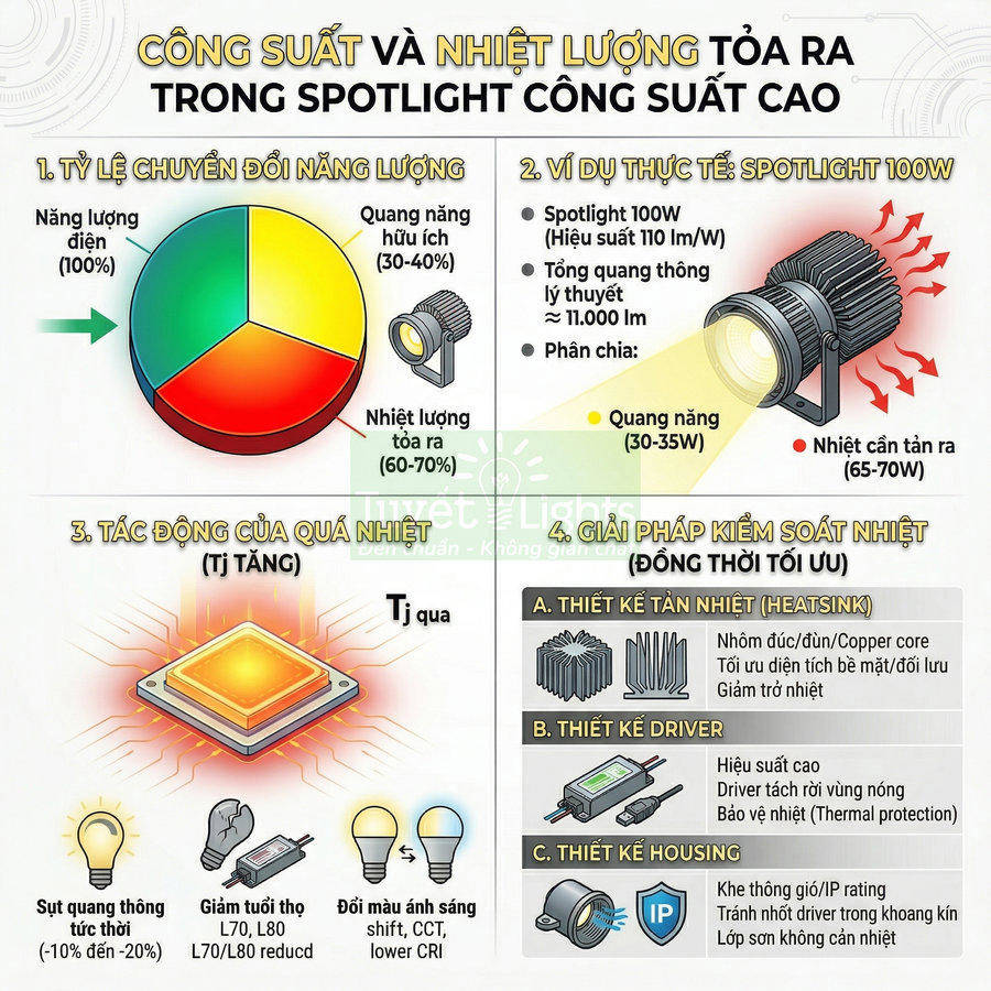 Infographic về công suất và nhiệt lượng tỏa ra của đèn LED spotlight công suất cao và các giải pháp tản nhiệt